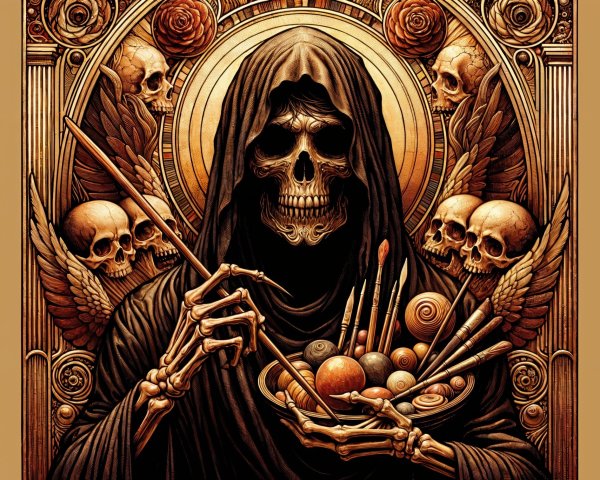 Hooded Figure with Skull Face and Artistic Elements