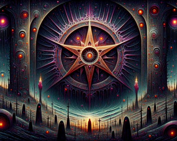 Cosmic Landscape with Ornate Compass Rose and Orbs