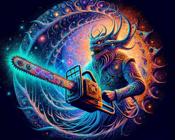 Fantastical Figure with Chainsaw in Psychedelic Setting