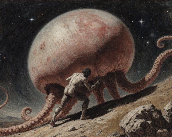 Surreal Octopus Overlooking Lone Figure in Cosmos