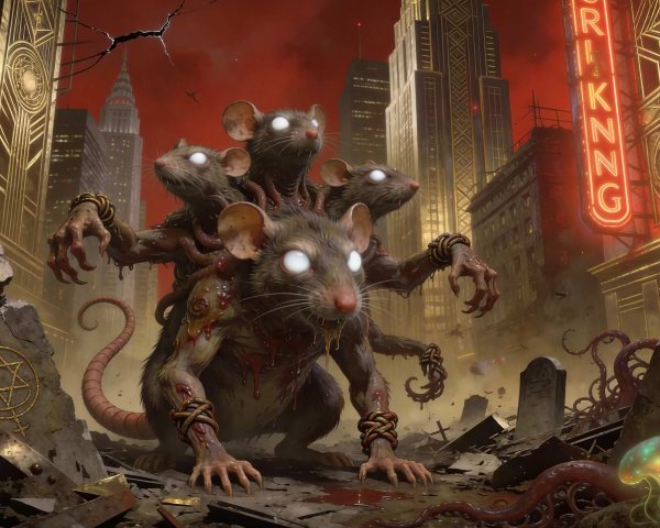 Grotesque Rat Monster in Ruined Cityscape Painting