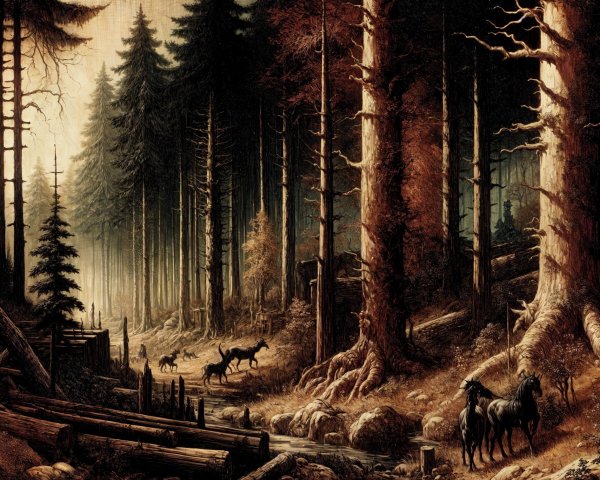 Serene Forest Landscape with Horses and Sunlight