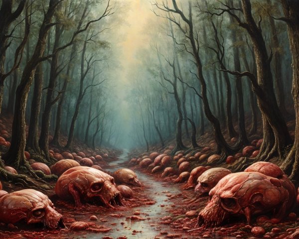Eerie Forest Scene with Mist and Grotesque Skulls
