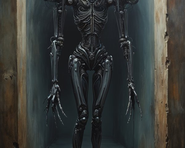 Futuristic Humanoid Figure in Dimly Lit Corridor