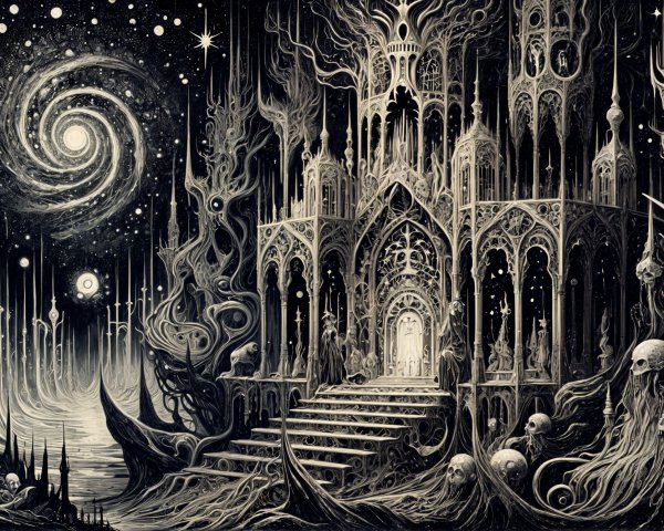 Gothic castle in a dark, eerie landscape with galaxy