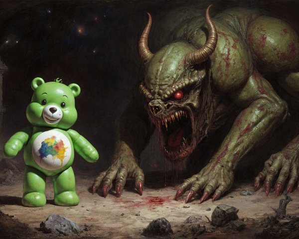 Vibrant Teddy Bear and Menacing Demon in Dark Landscape