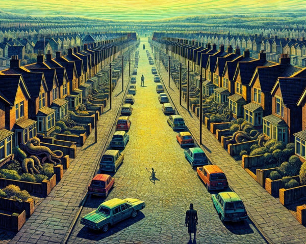 Surreal Neighborhood Scene with Detailed Houses and Sky