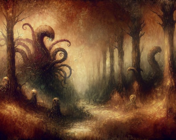 Surreal Forest Scene with Tentacled Creature and Mist