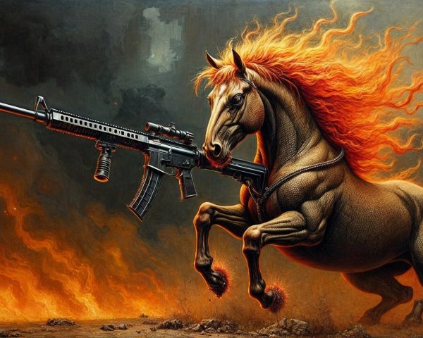 Majestic Horse with Flames and Assault Rifle Background