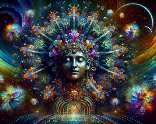 Surreal Face with Flowers and Cosmic Elements
