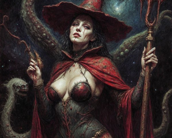 Dark Sorceress with Serpents in Cosmic Setting