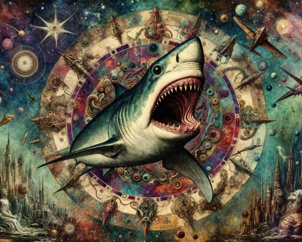 Surreal Cosmic Scene with Shark and Celestial Bodies