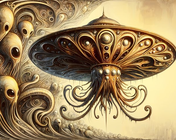 Surreal Alien Landscape with Ornate Mushroom Spaceship