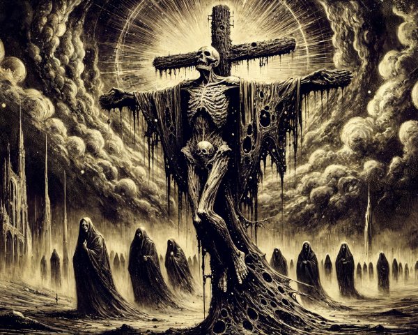 Skeletal Figure Crucified Amid Dark Clouds and Ghosts