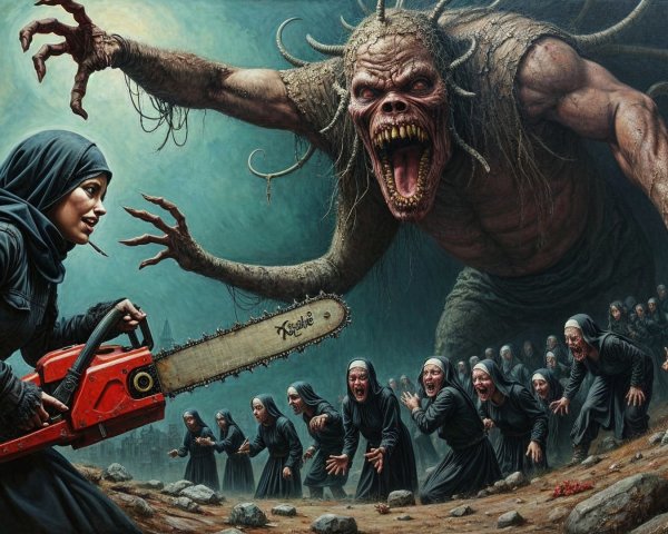 Dark Landscape with Woman, Chainsaw, and Monstrous Creature