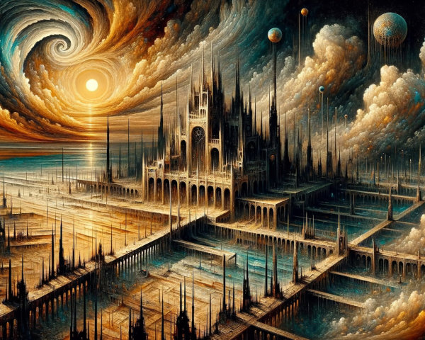 Surreal Landscape with Gothic Castle and Celestial Elements