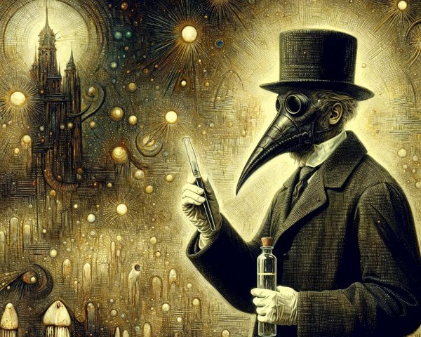 Plague Doctor Figure in Surreal Cityscape Background