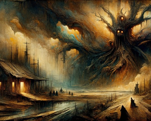 Surreal Landscape with Twisted Tree and Cabin Lights