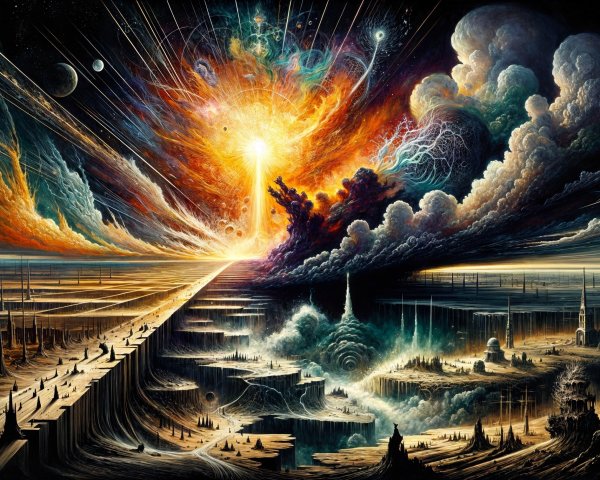 Vibrant Cosmic Scene with Exploding Sun and Figures