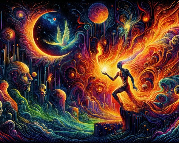 Radiant Figure Surrounded by Colorful Cosmic Elements
