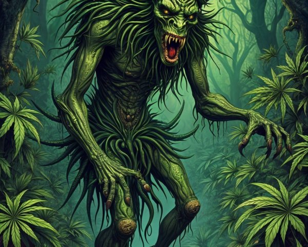 Humanoid Creature in Foggy Mystical Forest Setting