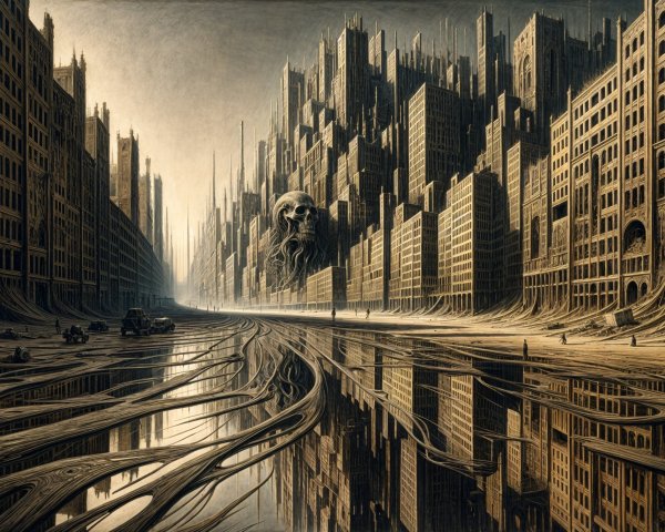 Surreal Dystopian Cityscape with Reflective River