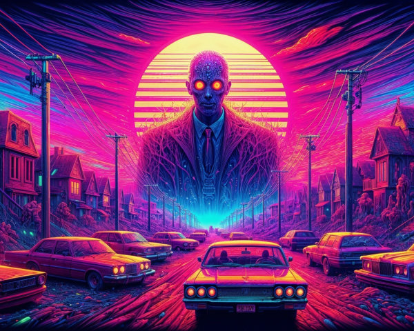 Surreal Retro-Futuristic Street with Robotic Figure