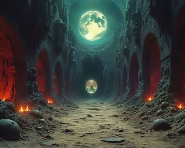 Eerie Fantasy Cave with Moons and Red Arches