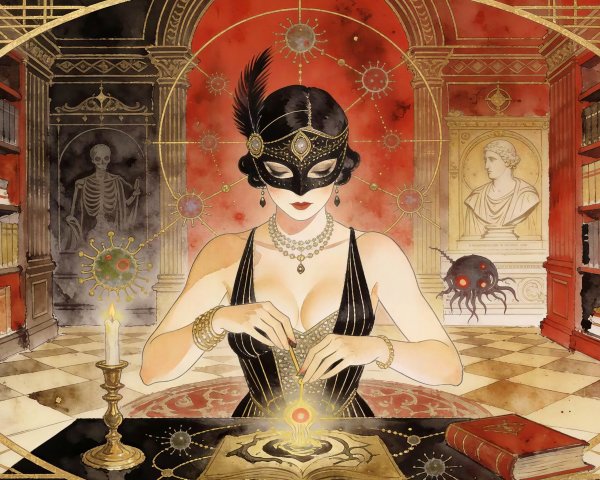 Watercolor Painting of Woman with Mask and Spellbook