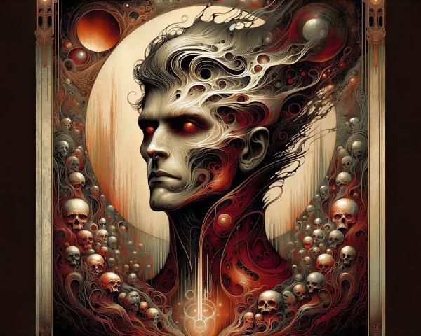 Skeletal demon art with red eyes and skulls design