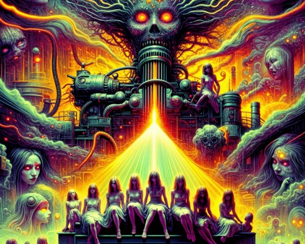 Surreal Landscape with Skull Entity and Ghostly Faces