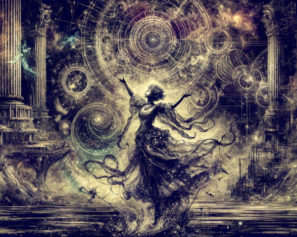 Mystical Figure in Cosmic Landscape with Mandala