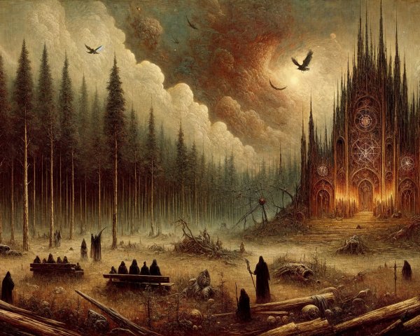 Gothic Cathedral in Dark Forest with Cloaked Figures