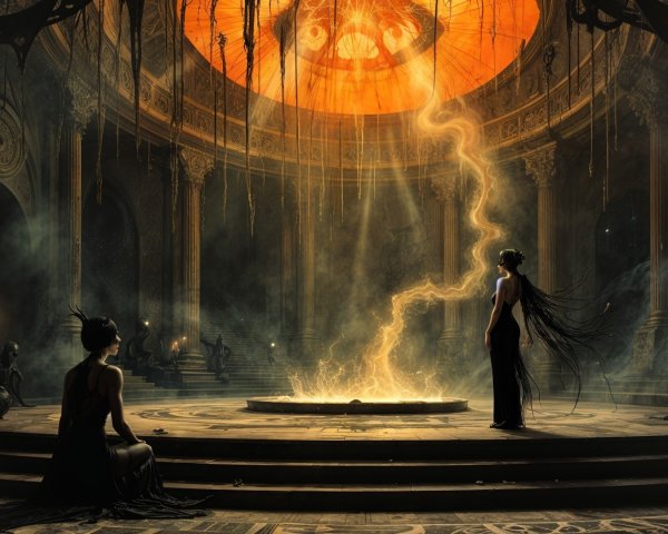 Figures in Black Garments by a Glowing Portal