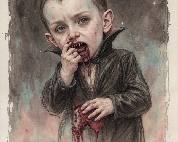 Haunting Illustration of a Pale Child with Fangs