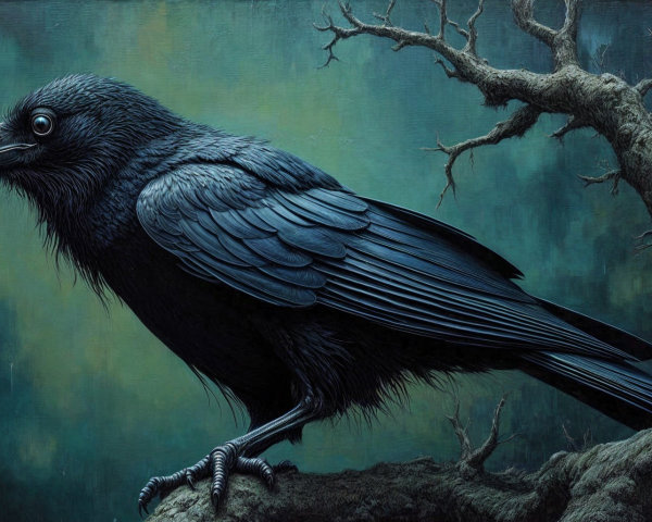 Raven on Gnarled Branch in Mystical Atmosphere