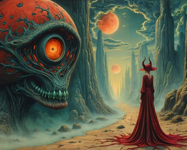 Surreal Landscape with Skull Creature and Mystical Figure