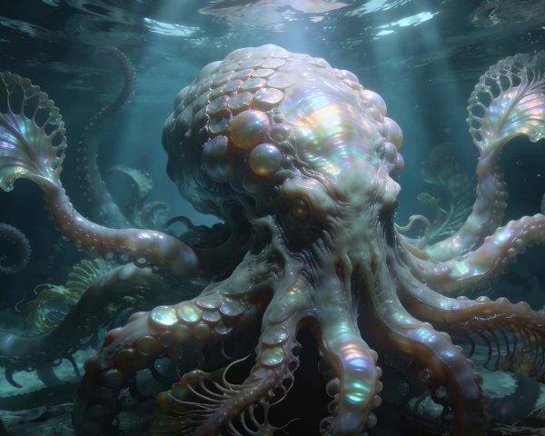 Iridescent Kraken Creature in Deep Blue Underwater Scene