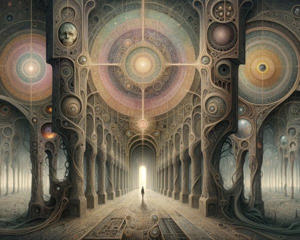 Surreal Architectural Space with Cosmic Motifs and Colors