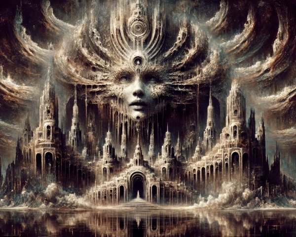 Surreal Landscape with Ethereal Face and Mystical City