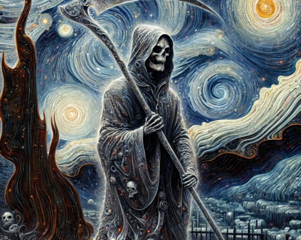 Grim Reaper Figure Against Colorful Starry Background