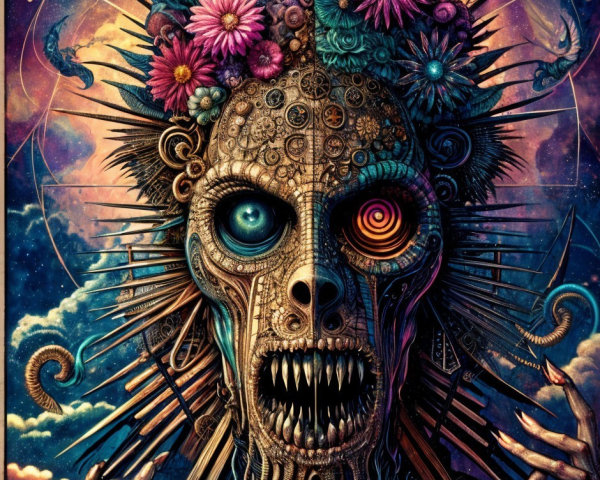 Intricate Skull with Flowers and Mechanical Elements