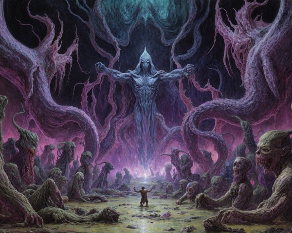 Surreal Landscape with Grotesque Figures and Ethereal Entity