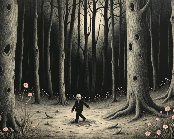 Eerie Forest Scene with Pale Masked Figure and Flowers