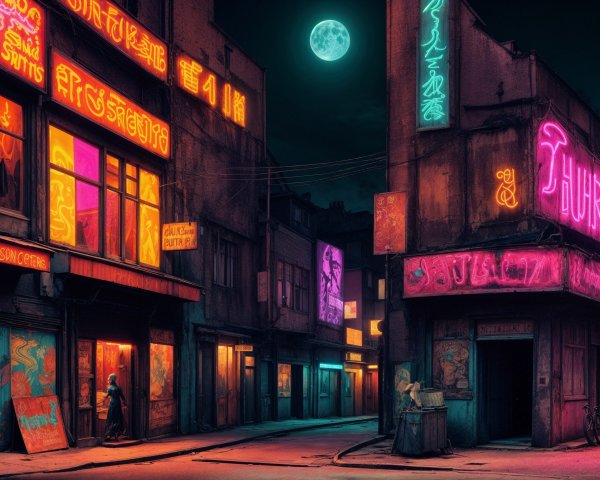 Vibrant Neon Alleyway at Night with Full Moon