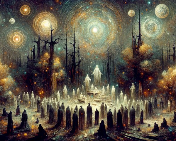 Ethereal Figures by Luminous Fountain in Mystical Forest