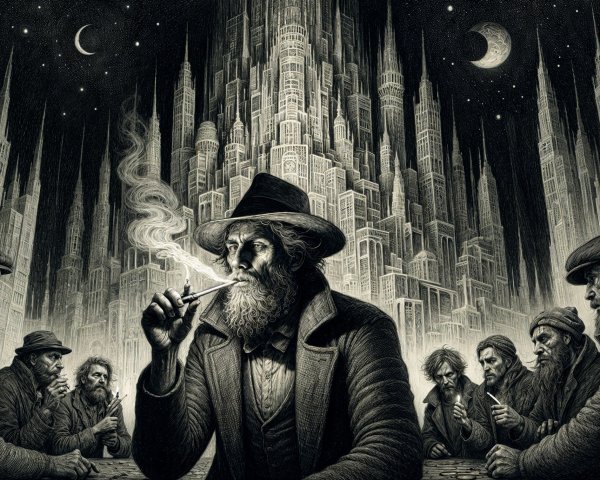 Rugged men gathered under a night sky backdrop