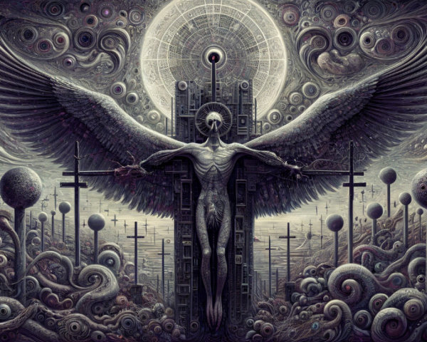 Surreal Cosmic Scene with Winged Figure and Structures