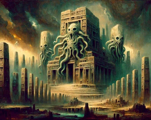Monumental temple with tentacled figures in misty landscape