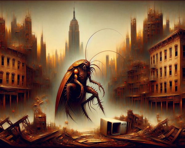 Colossal Cockroach in Damaged City Landscape